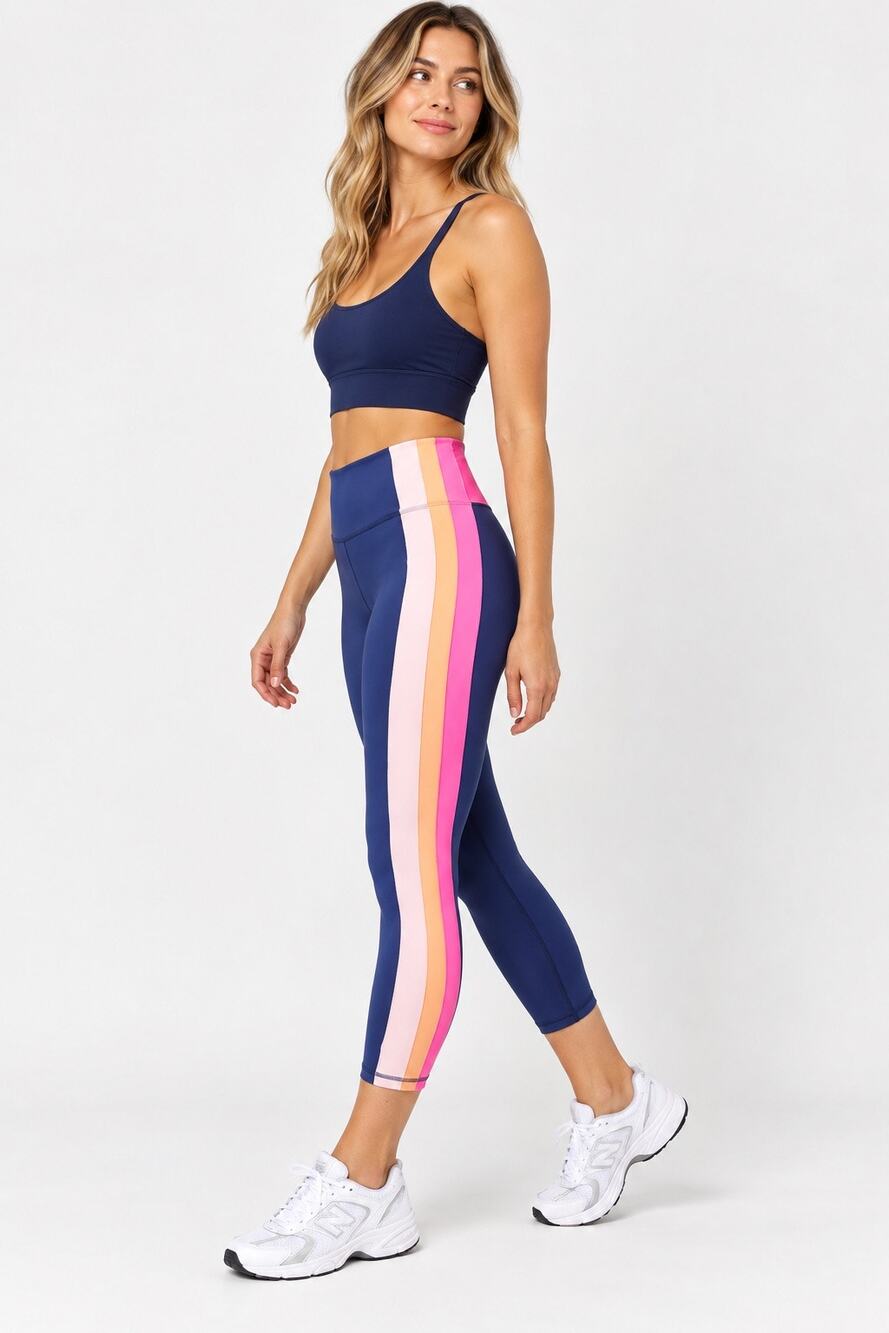 Lilly Pulitzer Luxletic Womens M Navy Blue Colorblock Stripe Capri Leggings